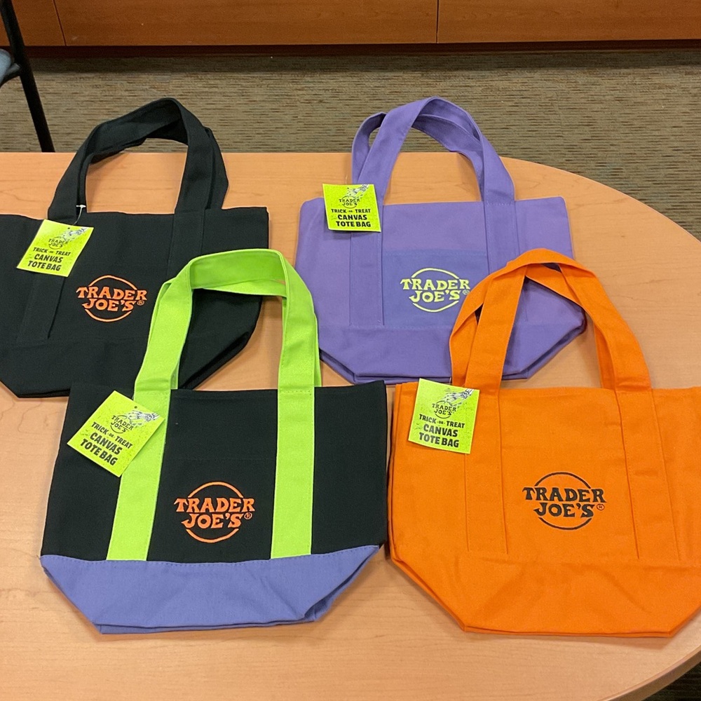 Trader Joe's Mini Canvas Tote Bag Collection - Black, Purple, Orange, Set of 4